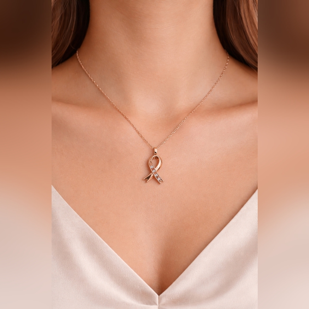 WILLLAND Gold Ribbon Pendant Necklace w Swarovski Crystals - Classic and Dainty
